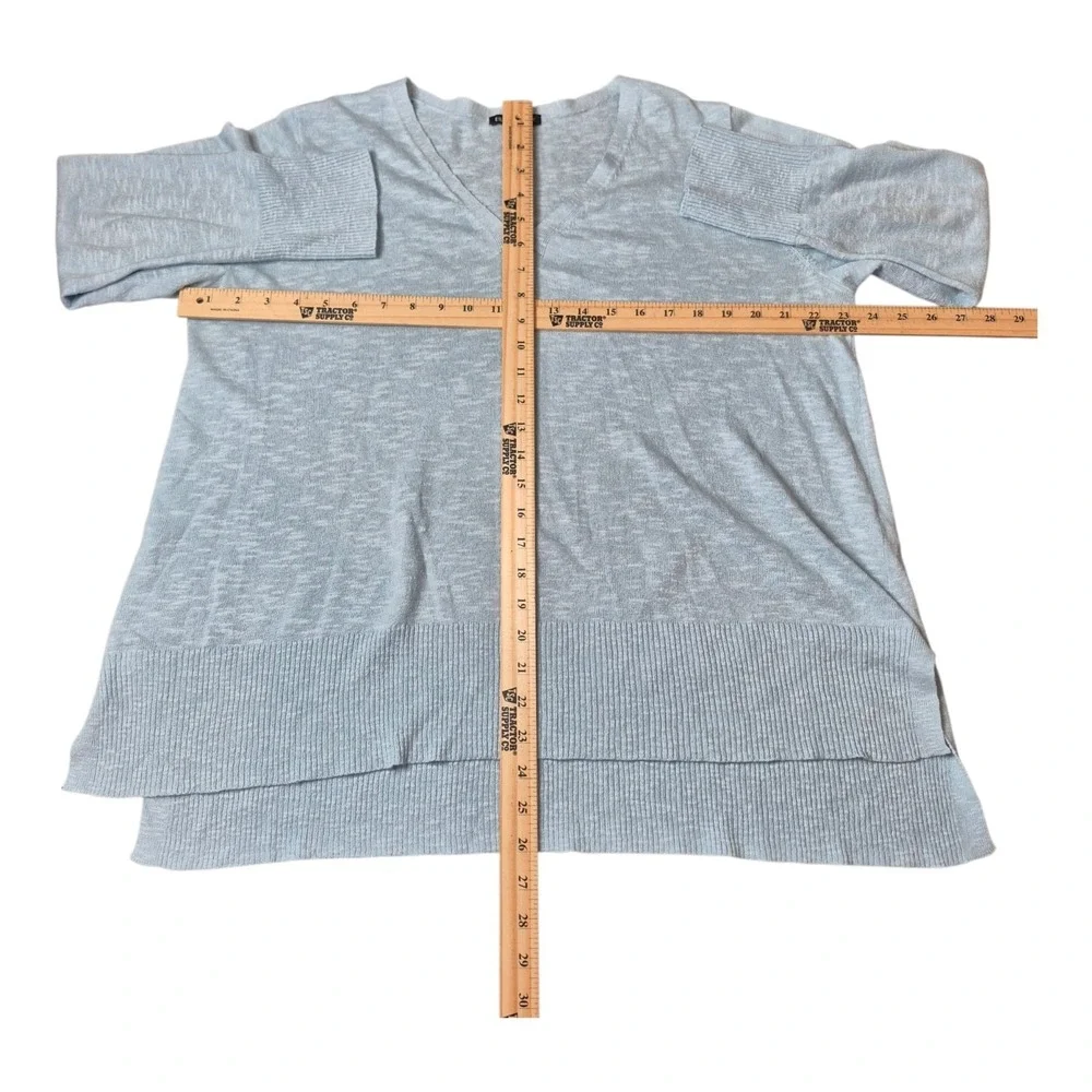 Eileen Fisher Womens Large Blue Organic Linen Cotton V Neck Sweater‎ Top